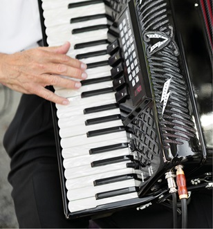 A close up of a musician's hands playing the accordion