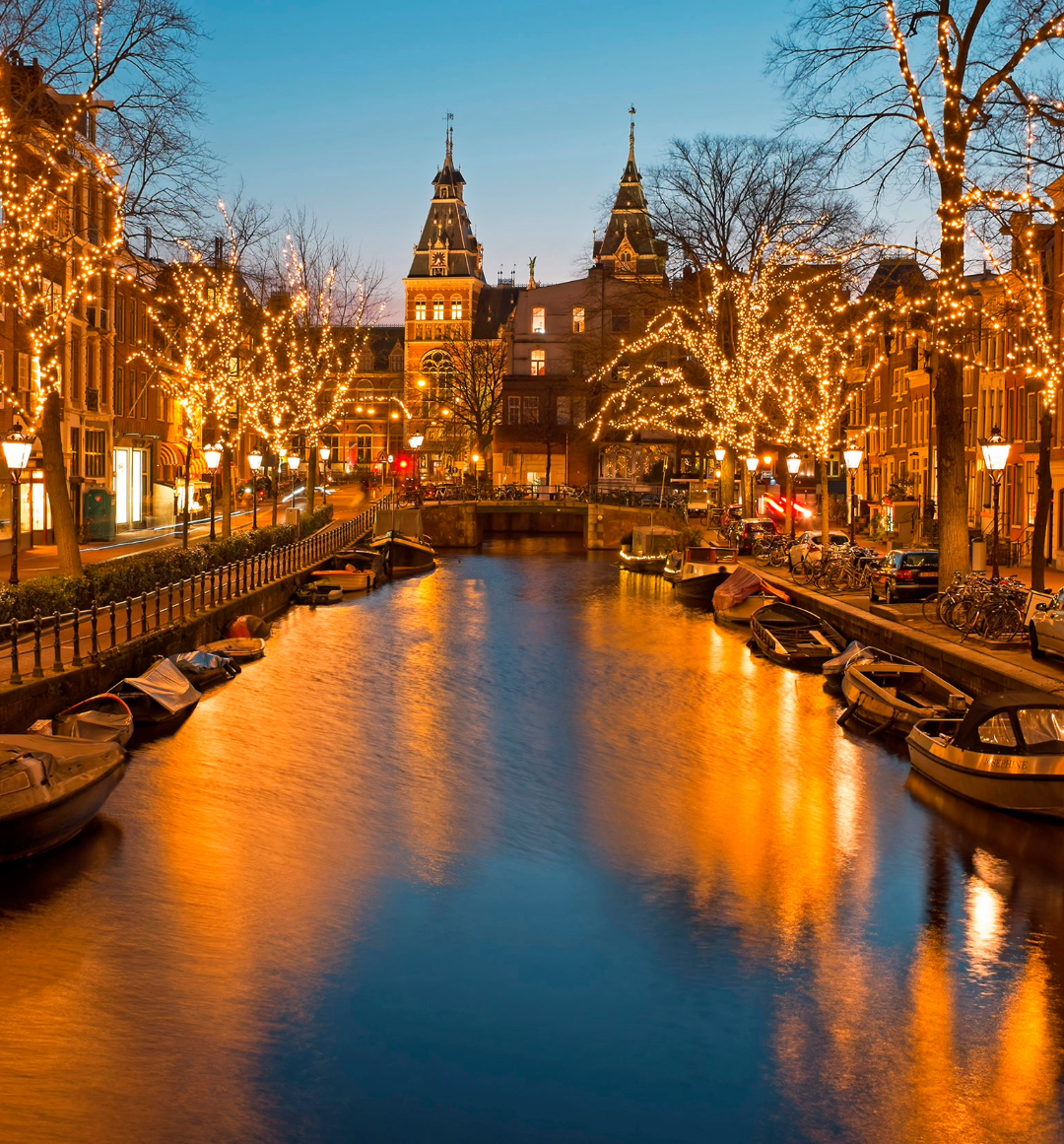 Nighttime view of Amsterdam canal