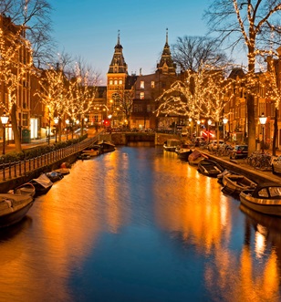 Nighttime view of Amsterdam canal
