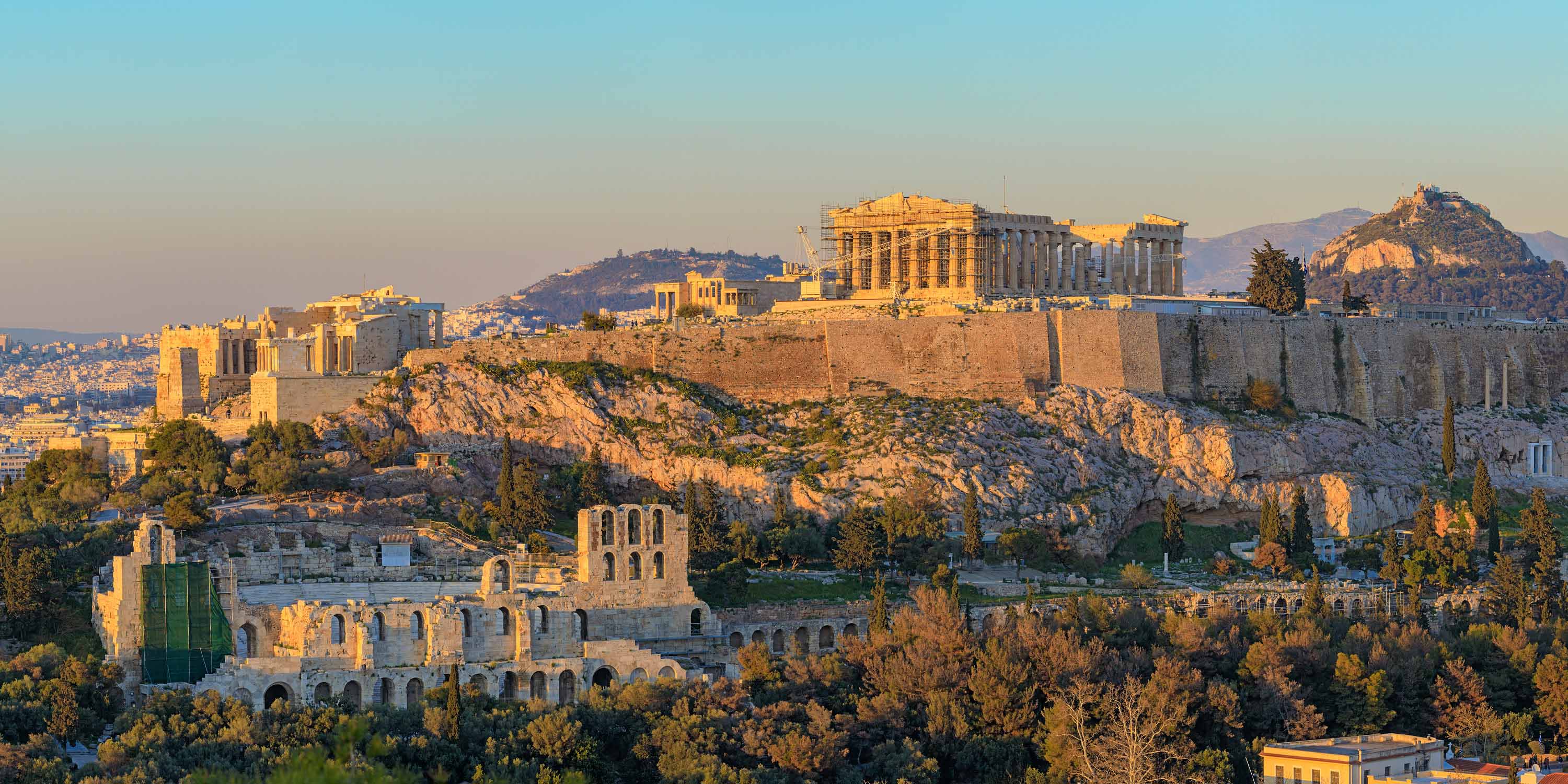 overview of the acropolis of Athens at dusk