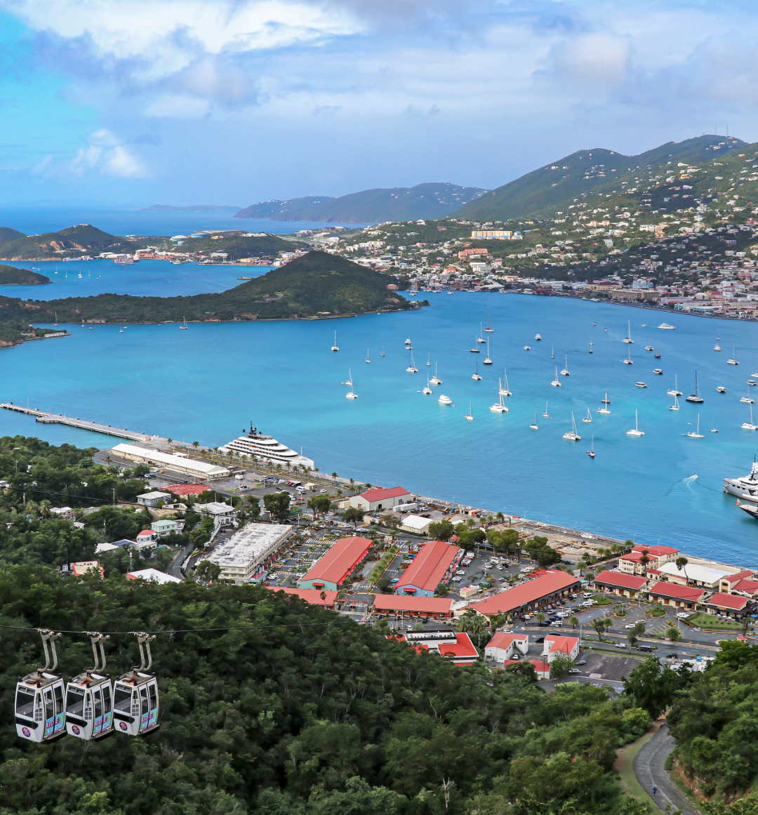 View over St Thomas in the Caribbean with harbour and blue waters