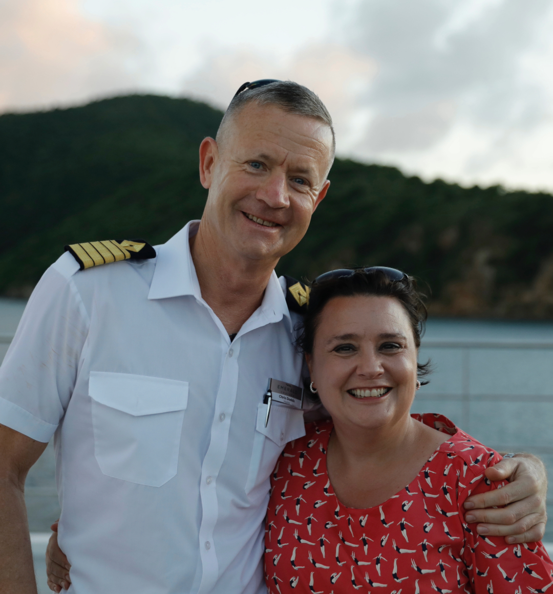 Susan Calman with the Emerald Sakara yacht captain