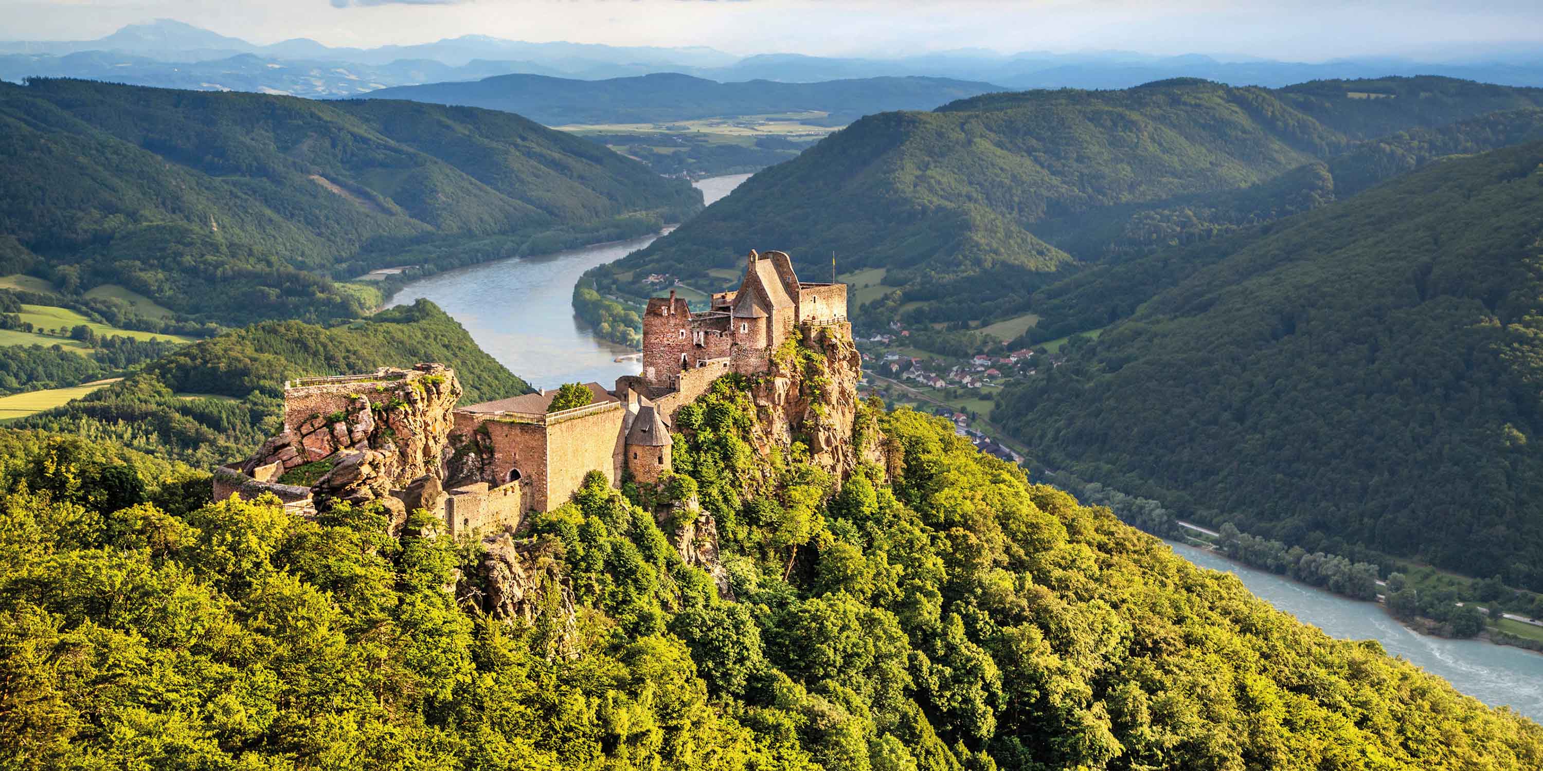 a castle engulfed in the lush landscape on a hill overlooking the winding Rhine river