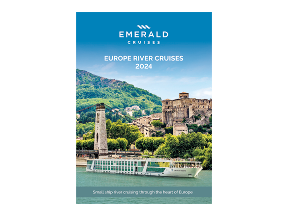 A luxury river cruise brochure, featuring a ship sailing past a hilly region, near a town with Medieval-style buildings
