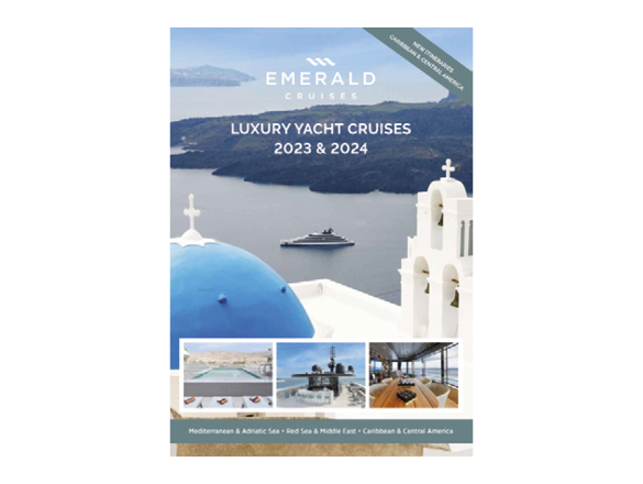 A luxury yacht cruise brochure cover, featuring a yacht sailing the seas of Santorini in front of the blue-domed church