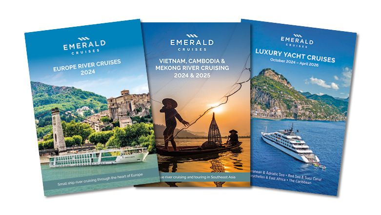 3 brochures spread out next to each other, one for Europe river cruising 2024, one for Southeast Asia river cruising 2024 & 2025, and one for Luxury Yacht Cruises 2023 & 2024