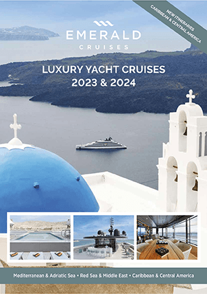 2023/2024 Emerald Cruises Luxury Yacht Cruise brochure featuring the Mediterranean & Adriatic Sea, the Red Sea & Middle East & the Caribbean & Central America 