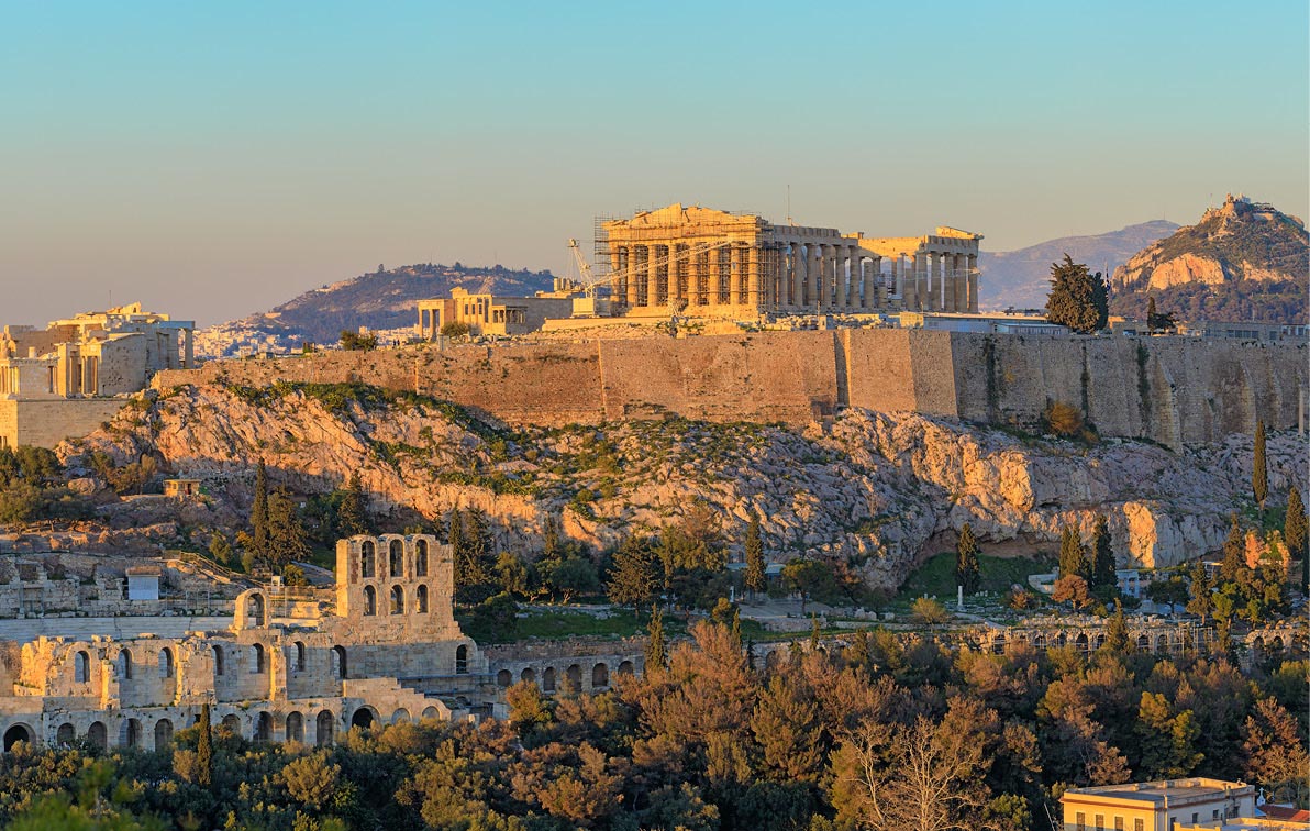 A view of Athens ancient monuments during sunset
