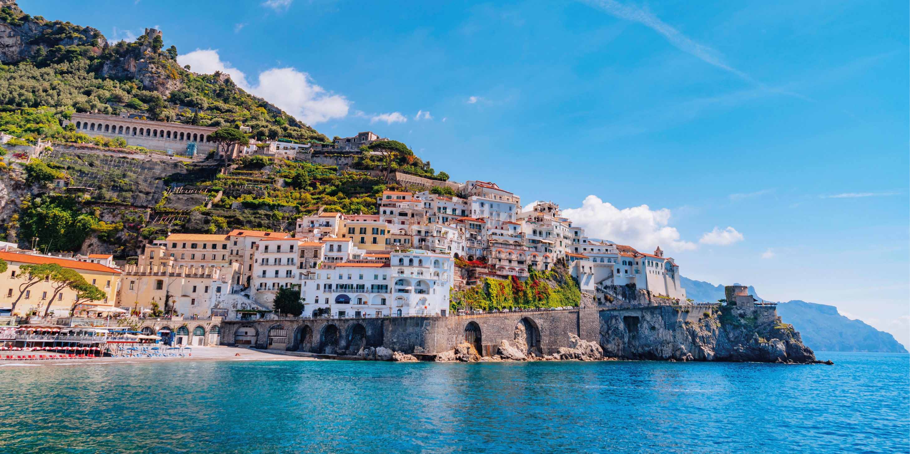 Stunning traditional buildings on the edge of the hill at the Amalfi Coast