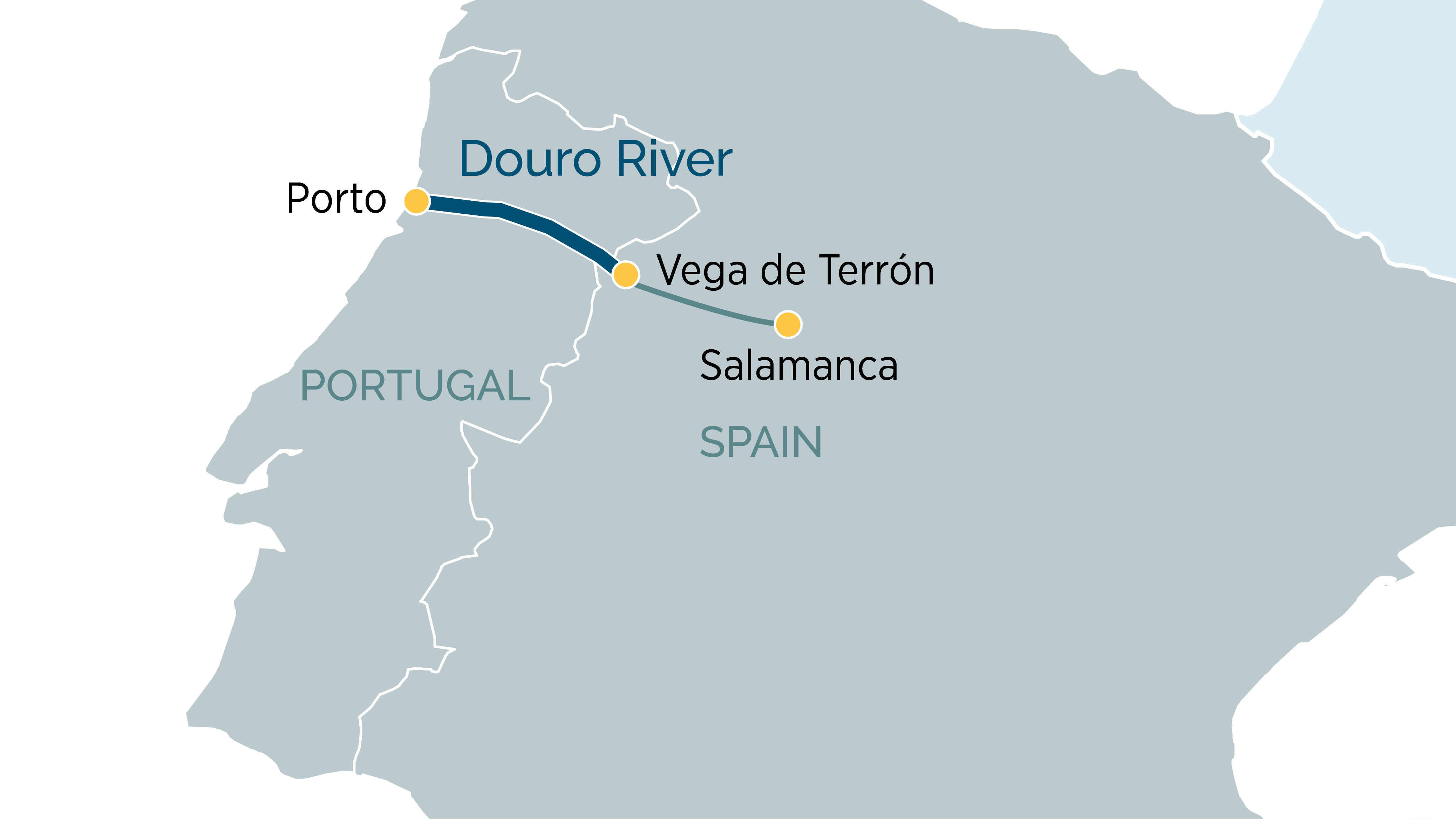 Map of Portugal and Spain showing the Douro River
