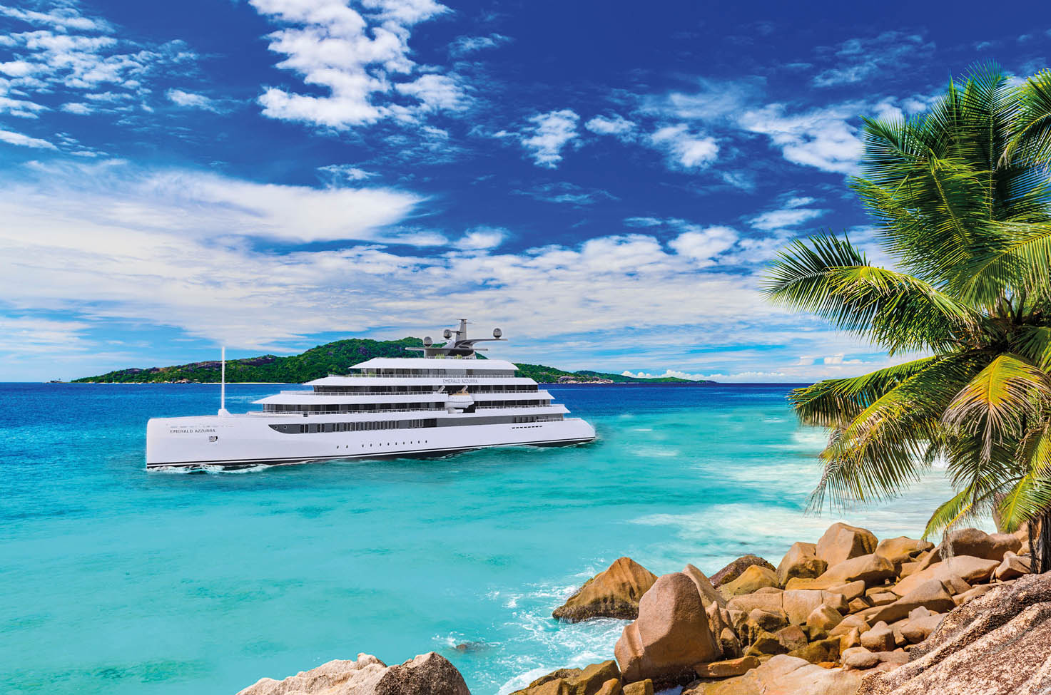 Emerald Azzurra luxury yacht in the water with palm trees