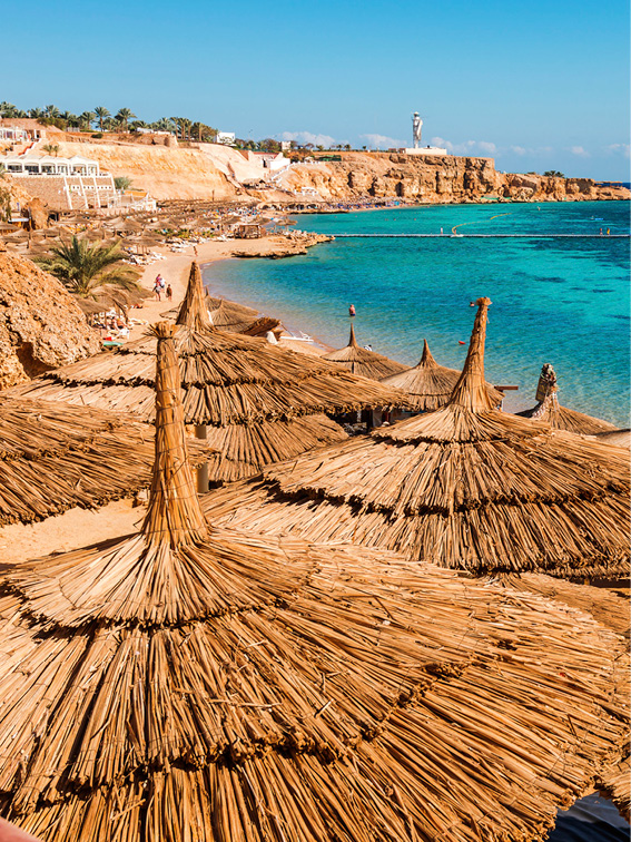 beachfront of Sharm el-Sheikh with brown straw-thatched sun umbrellas lining the beach in front of vibrant blue waters