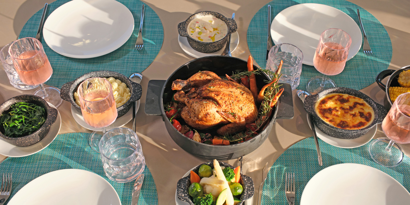 Roast chicken dinner on board Emerald Sakara in the Aqua Cafe
