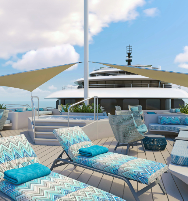A CGI depiction of the Emerald Kaia and Raiya observation sun deck, equipped with a jacuzzi and various arrangements of seating. 