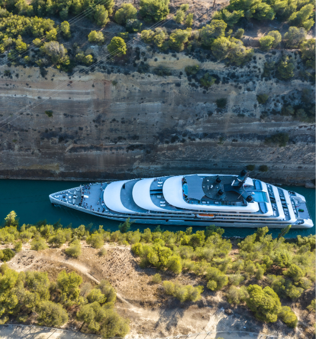Arial view of the Emerald Sakara Star-Ship sailing through the Corinth Canal.