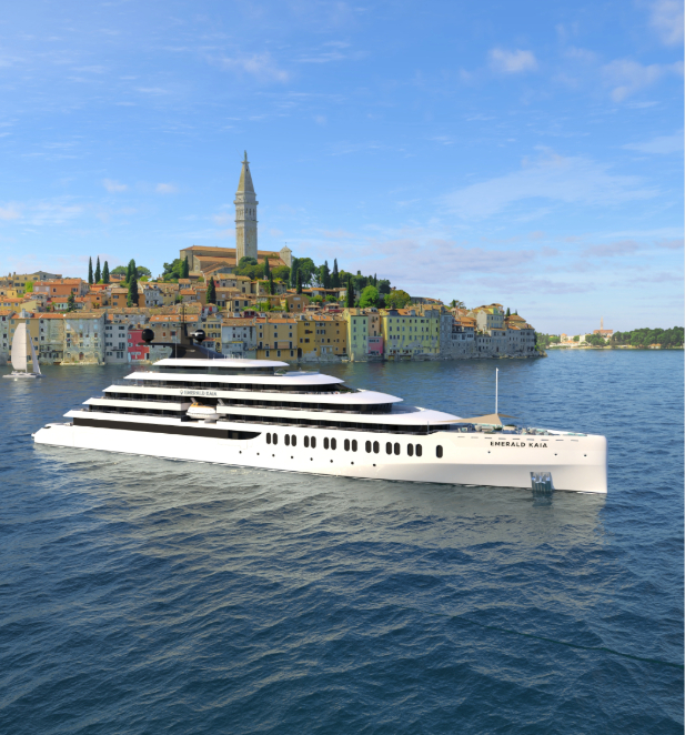 Emerald Kaia pictured on serene European waters accompanied by blue skies,