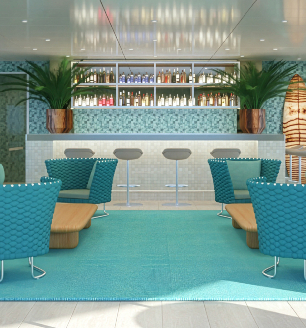 A bright blue and modern bar furnished with sofas, chairs and barstools on board the Emerald Kaia Star-Ship.