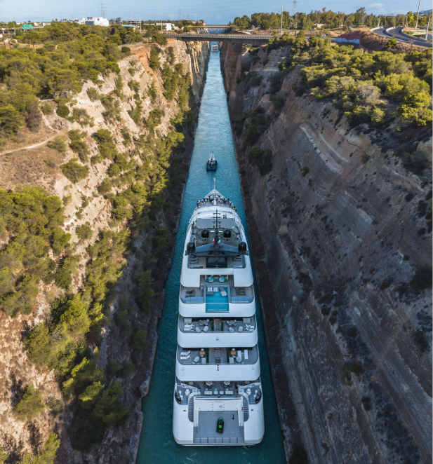 Arial view of the Emerald Sakara Star-Ship sailing through the Corinth Canal.