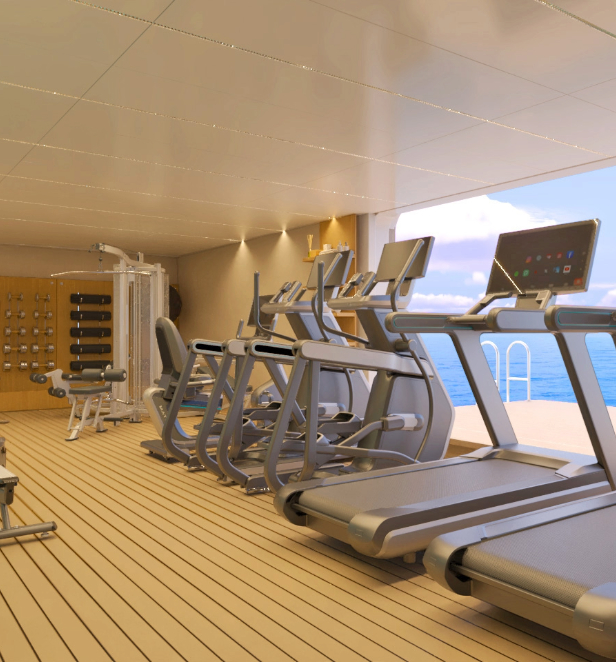 A view of the equipment supplied in the gym on board the Emerald Kaia Star-Ship.