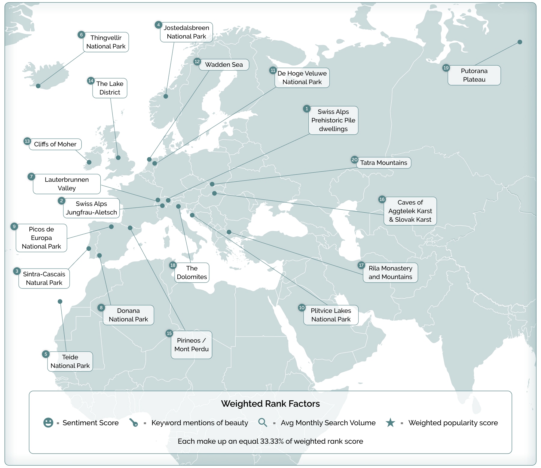 Top 20 european natual wonders on map