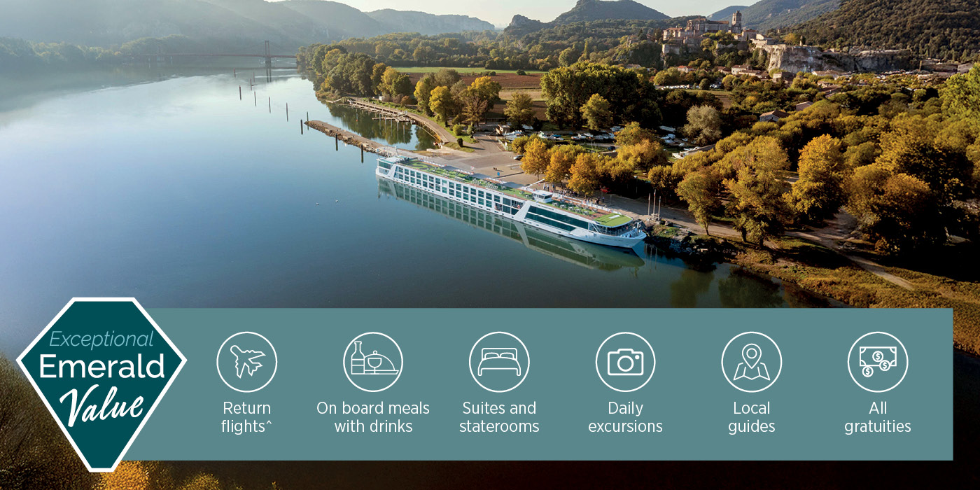 A graphic that highlights a number of inclusions on board an Emerald Cruises river ship