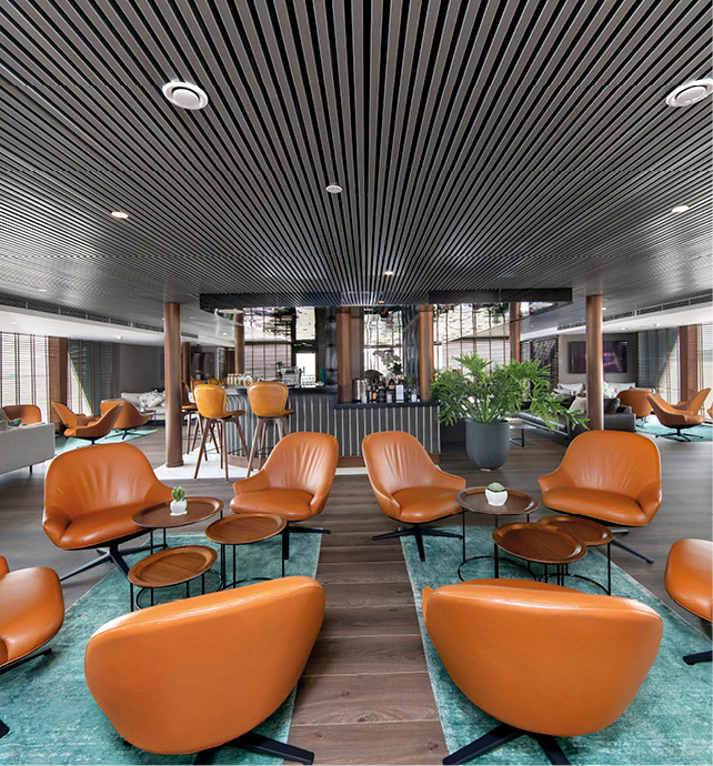 Seats in a bar area on board a luxury boutique river cruise ship