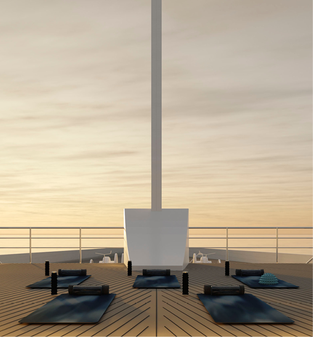 Observation deck with yoga mats at sunset on a luxury superyacht