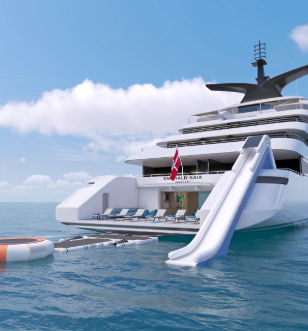 A stylish luxury yacht equipped with water inflatables and sun lounging deck, floating in calm waters with a clear sky above.