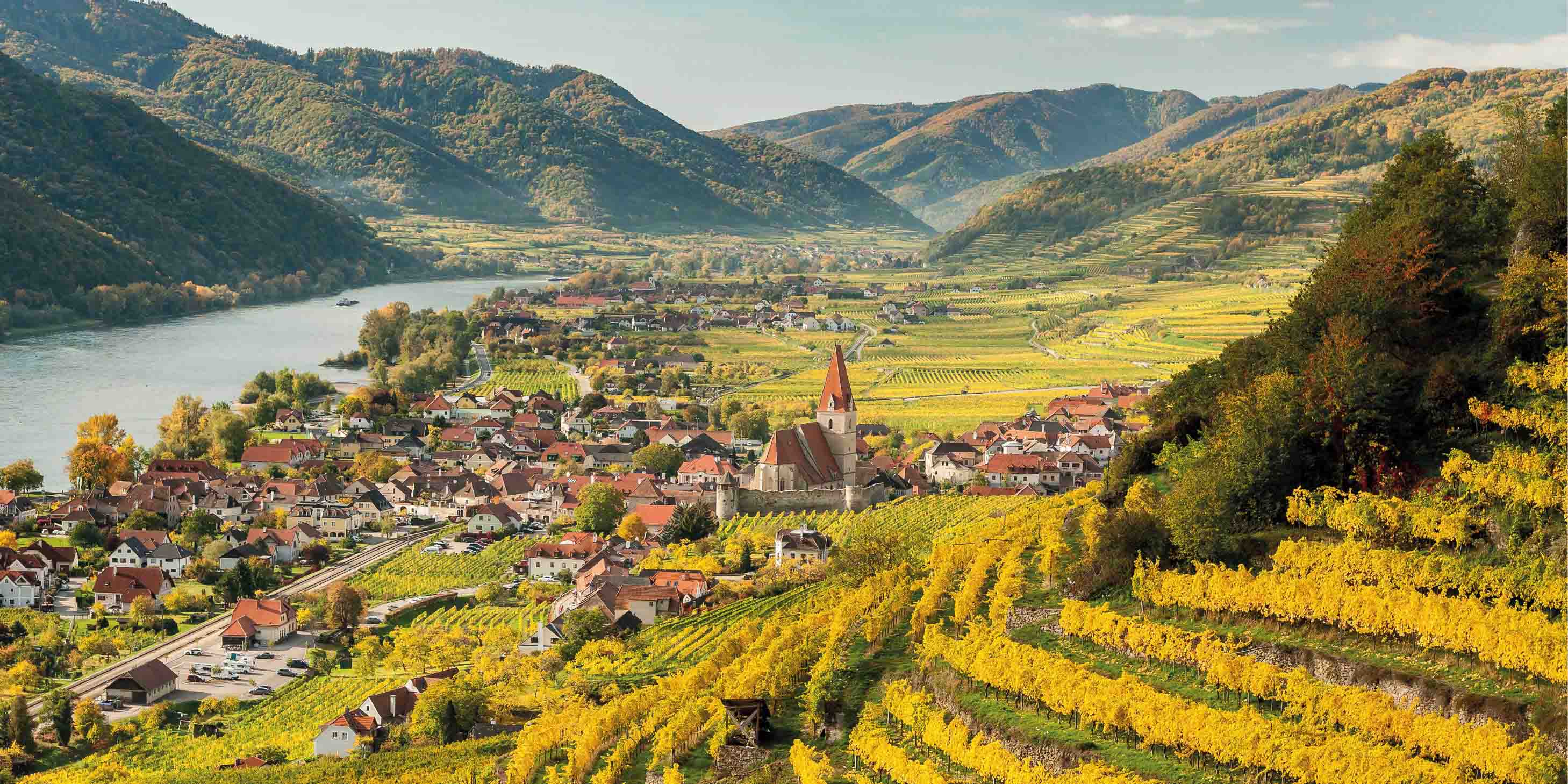 Quaint village nestled amongst the vineyards and lush green mountains in the striking Wachau Valley along the Danube River