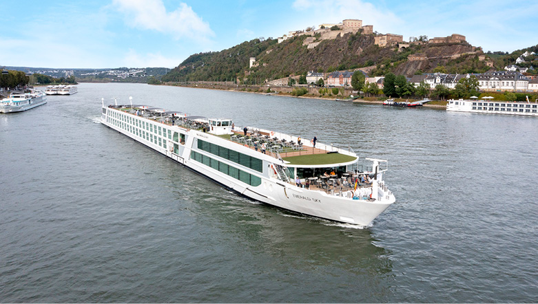 Luxury river ship sailing through Koblenz, Germany
