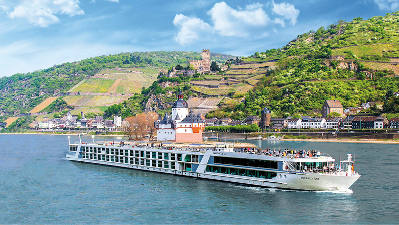  Luxury river ship sailing down the Rhine River   Title: Navigating the rivers of Europe 