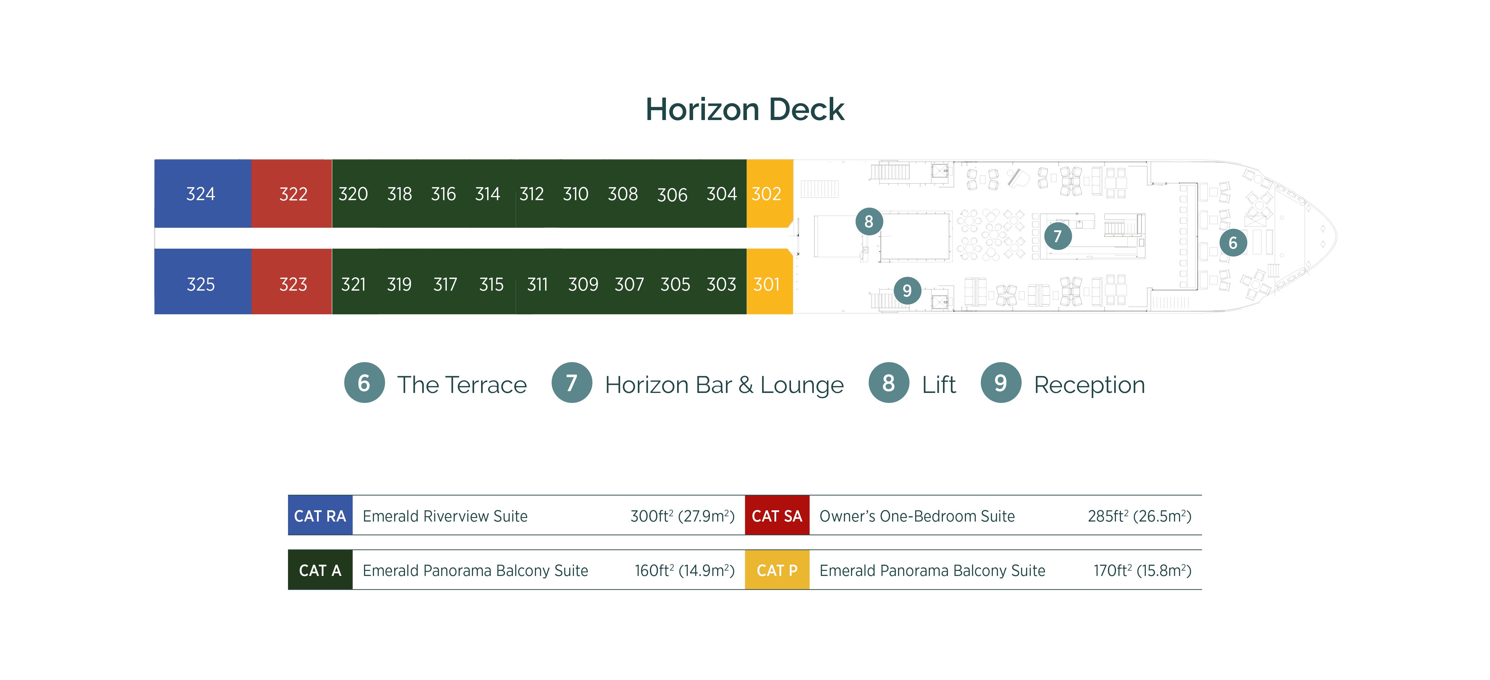 Diagram of ship layout for the Horizon Deck of Emerald Cruises’ Douro river cruising Star-Ship, Emerald Radiance
