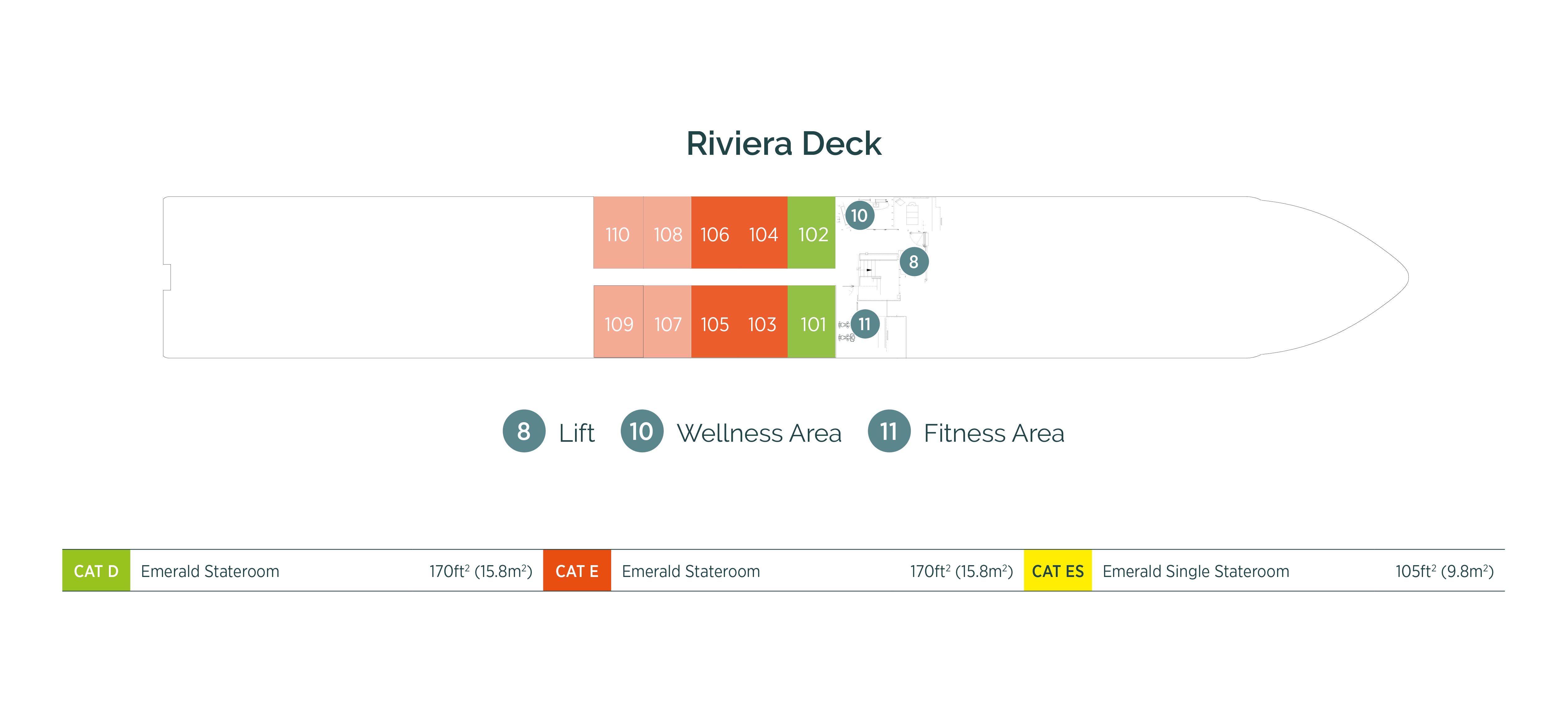 Diagram of ship layout for the Riviera Deck of Emerald Cruises’ Douro river cruising Star-Ship, Emerald Radiance