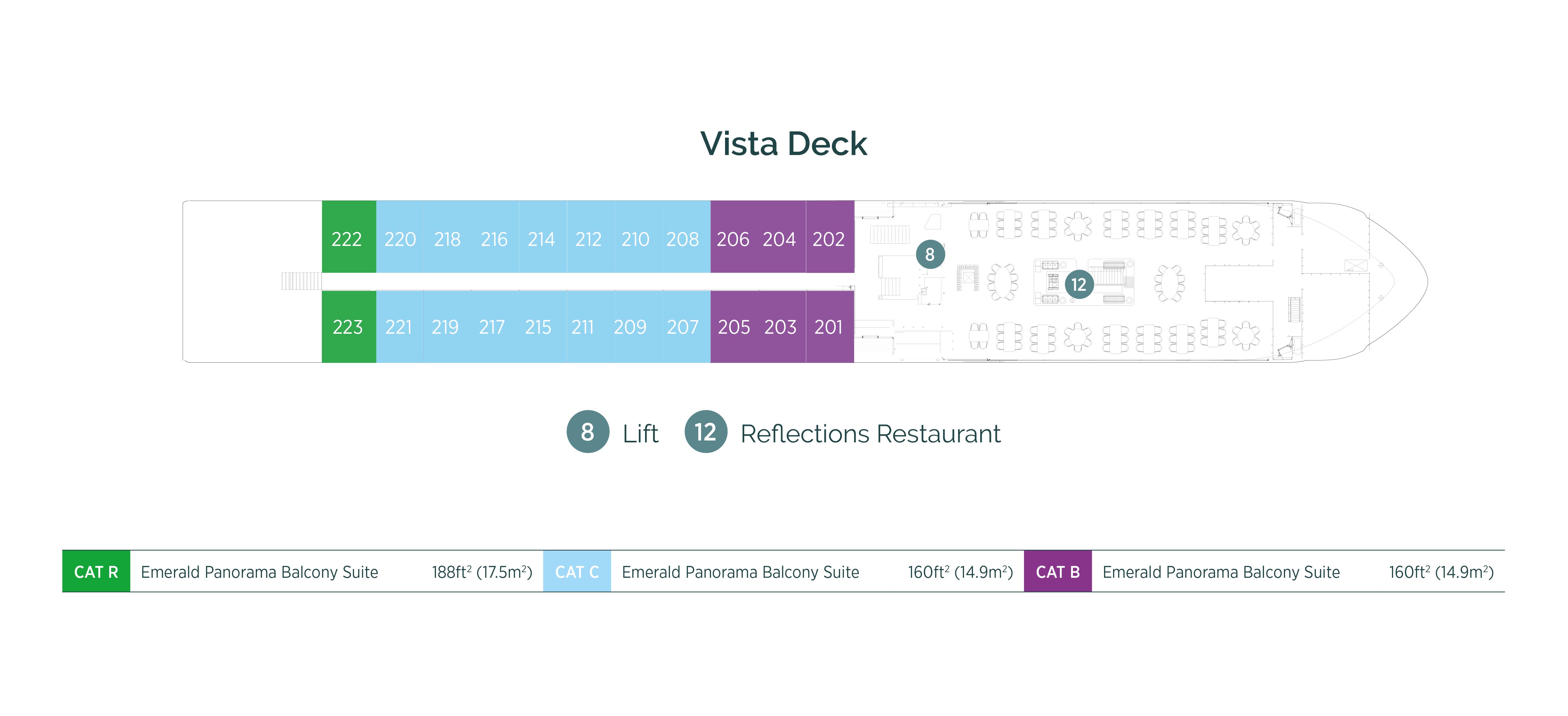 Diagram of ship layout for the Vista Deck of Emerald Cruises’ Douro river cruising Star-Ship, Emerald Radiance