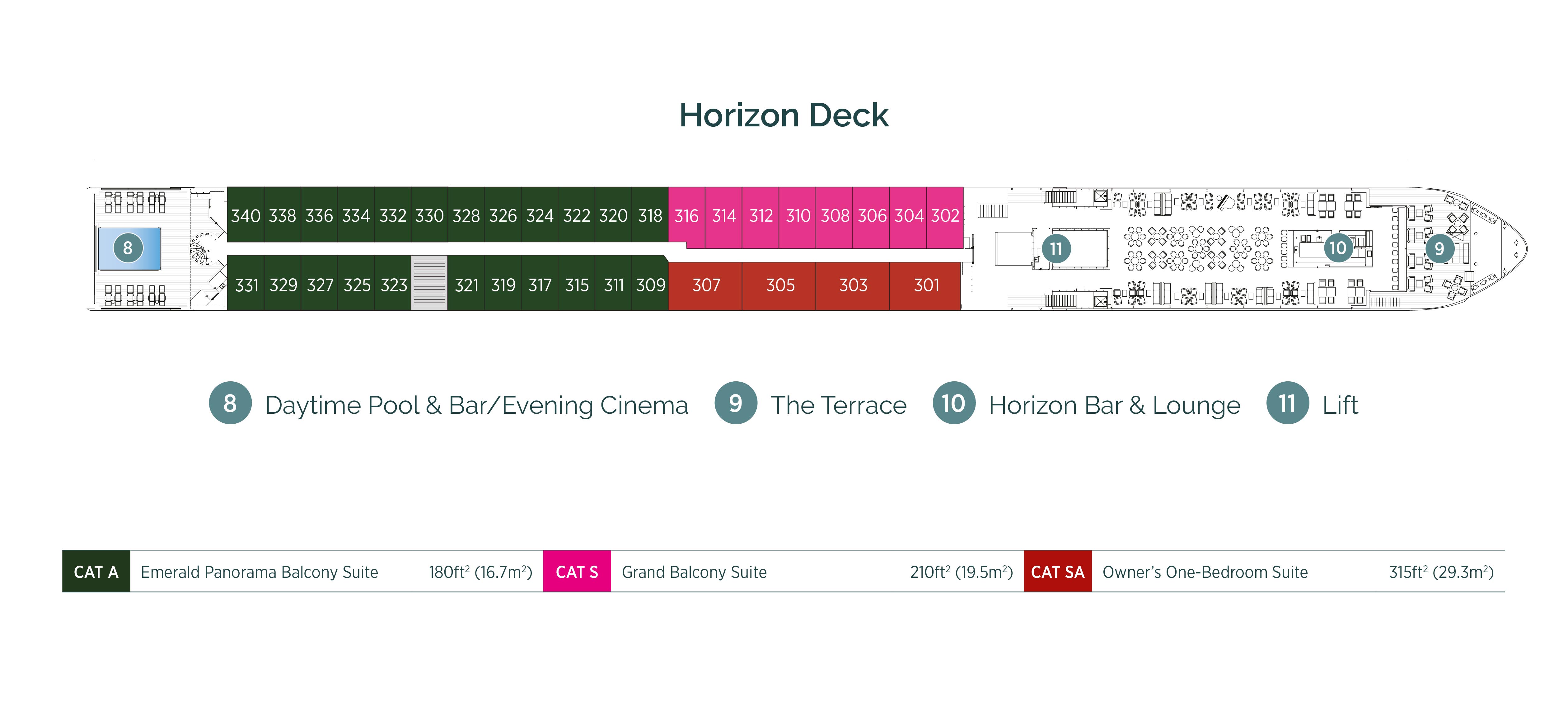 Diagram of ship layout for the Horizon Deck of an Emerald Cruises Europe river cruising Star-Ship