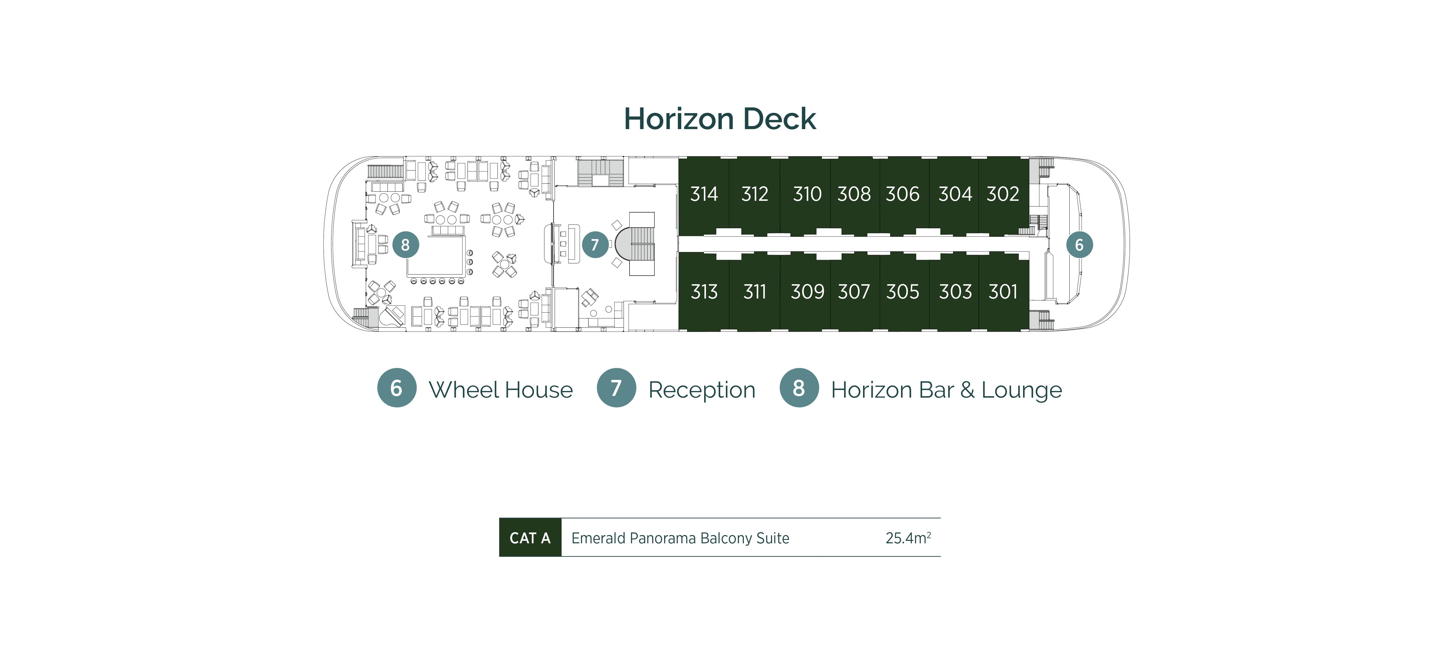 Diagram of ship layout for the Horizon Deck of Emerald Cruises’ Mekong river cruising Star-Ship, Emerald Harmony