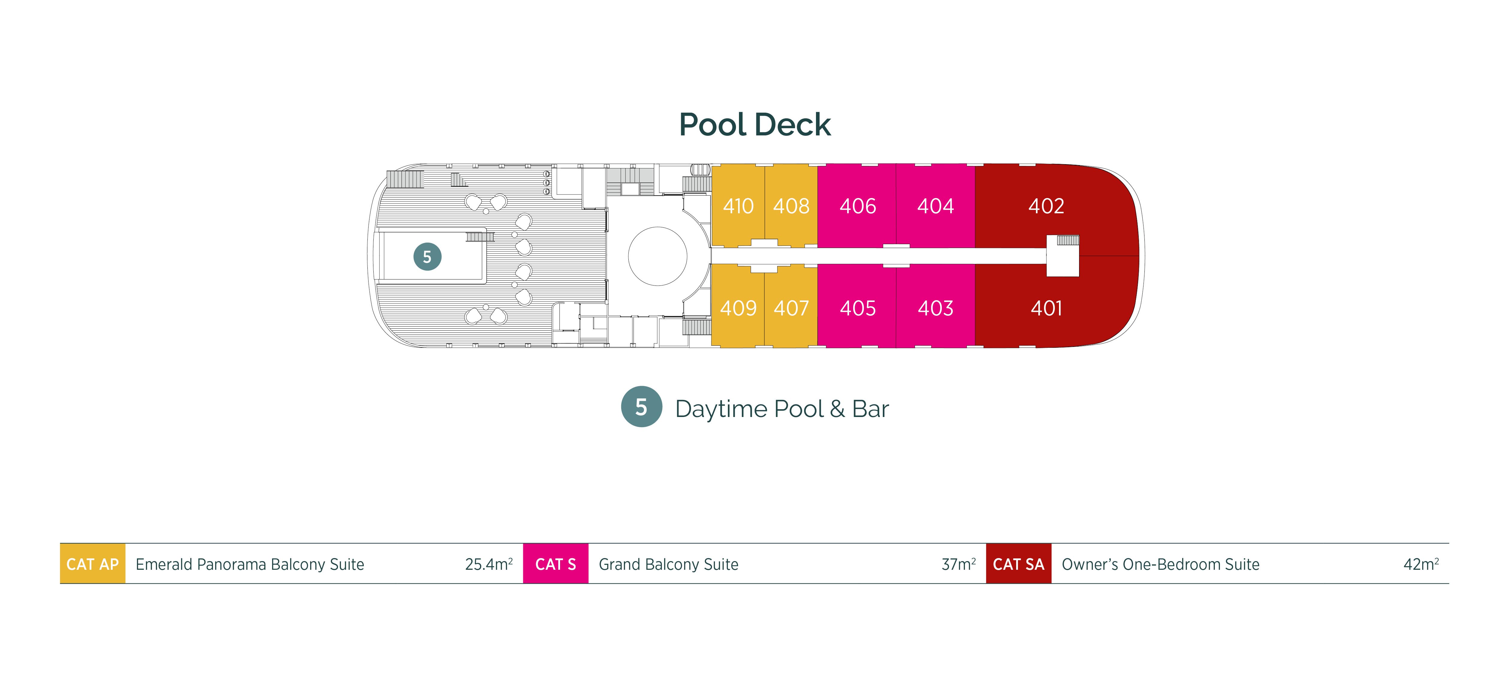 Diagram of ship layout for the Pool Deck of Emerald Cruises’ Mekong river cruising Star-Ship, Emerald Harmony