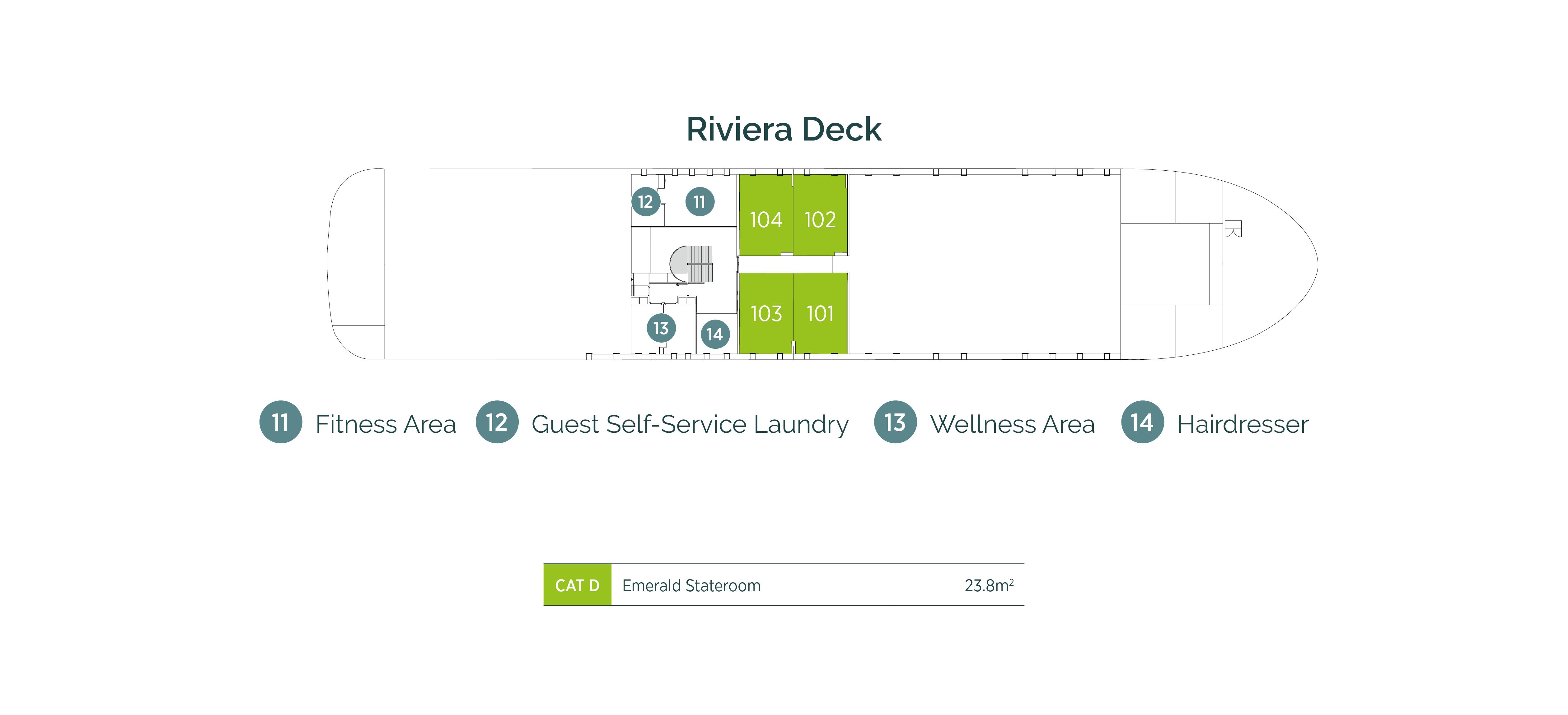 Diagram of ship layout for the Riviera Deck of Emerald Cruises’ Mekong river cruising Star-Ship, Emerald Harmony