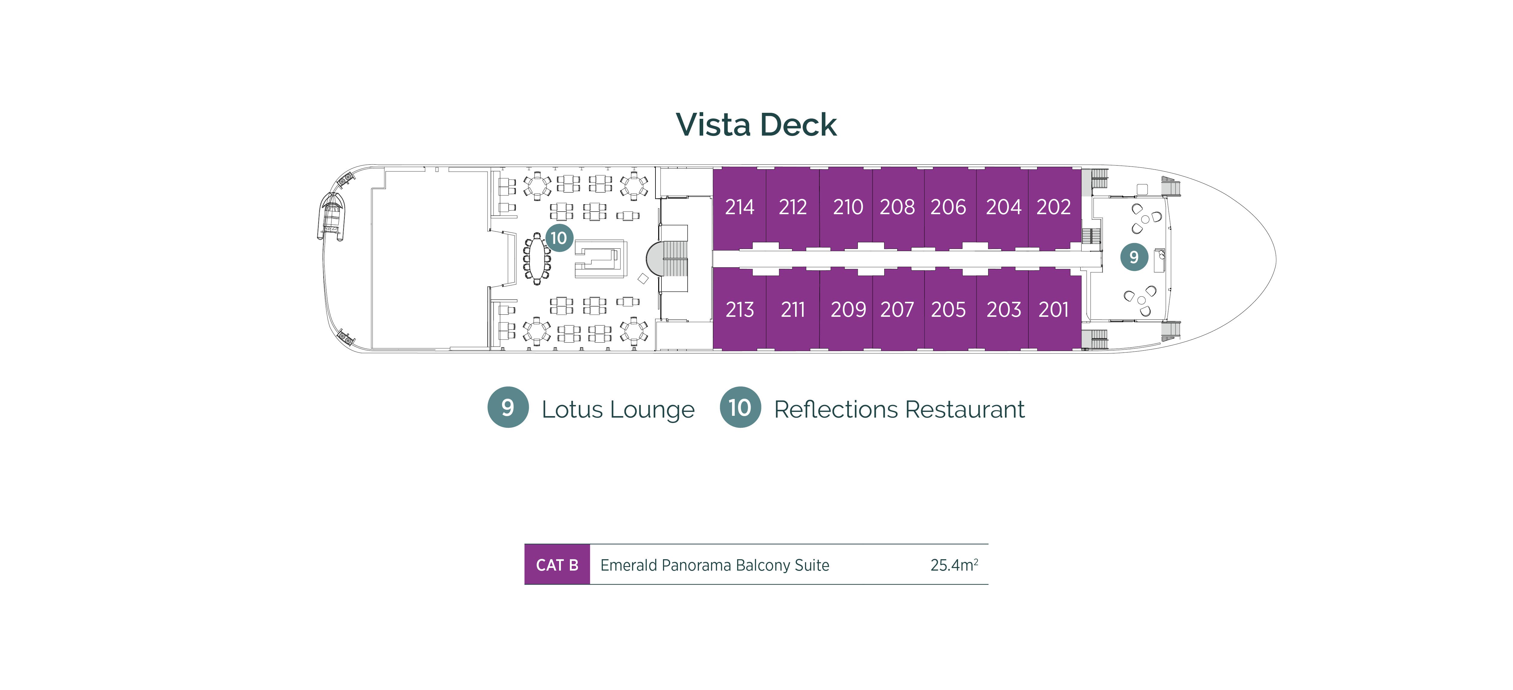 Diagram of ship layout for the Vista Deck of Emerald Cruises’ Mekong river cruising Star-Ship, Emerald Harmony