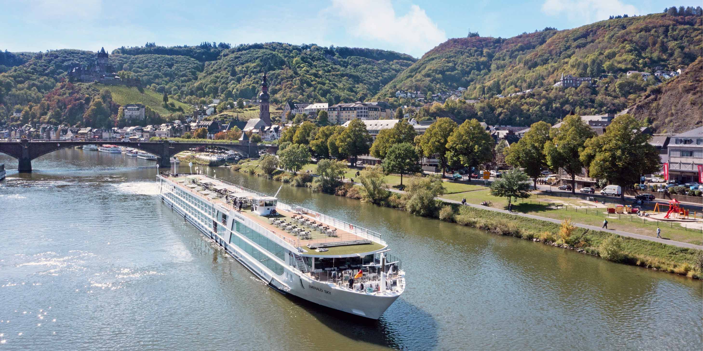 Luxury river ship sailing through Cochem, Germany