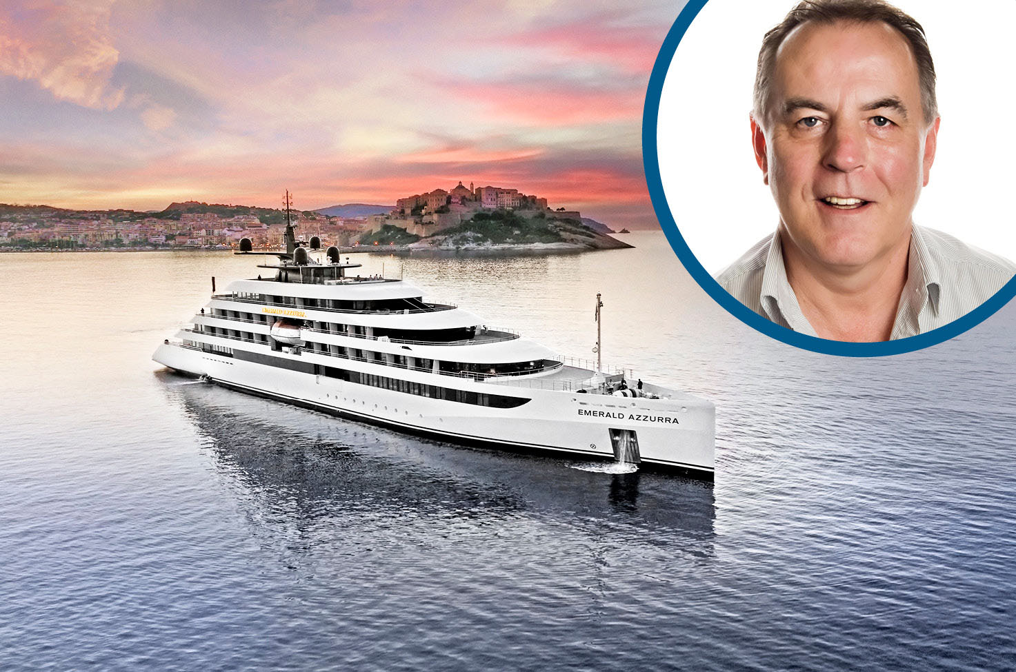 Headshot of William in a navy blue circle with Emerald Azzurra sailing amongst a pink sunset